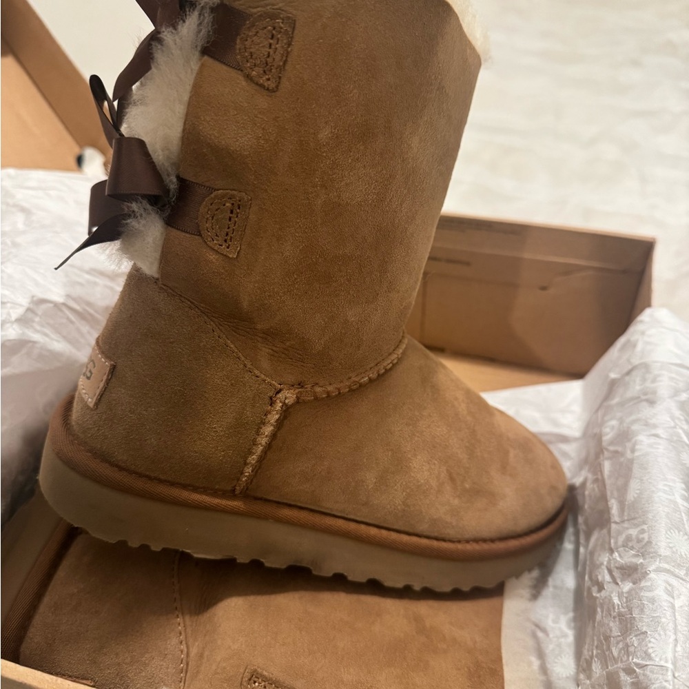 UGG Tan Suede Boots with Ribbon Accent